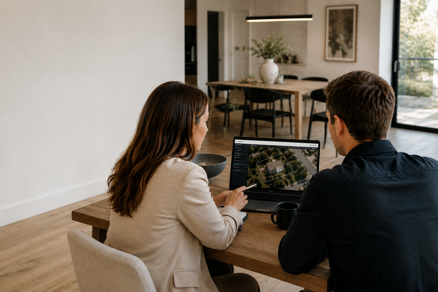An agent and client quietly reviewing a property or location visual together in a bright modern interior.